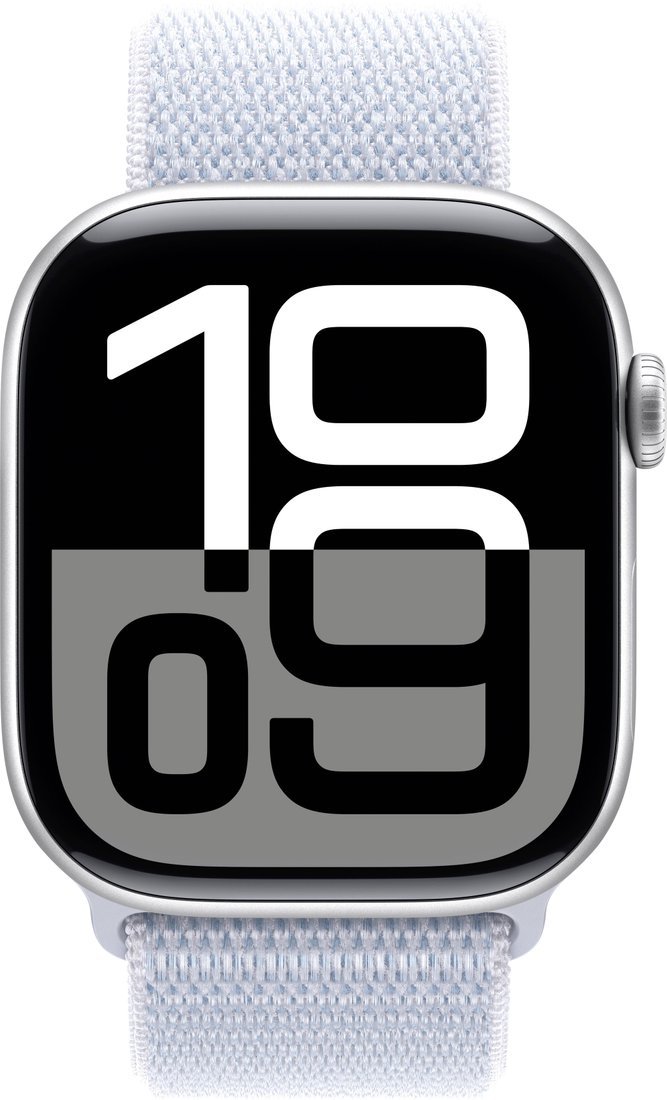 Apple Watch Series 10 46 мм (алюминиевый корпус, серебристый/голубой, нейлоновый ремешок)
