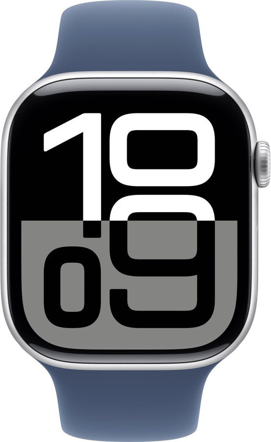 Умные часы Apple Watch Series 10 46 мм (алюминиевый корпус, серебристый/синий, спортивный силиконовый ремешок S/M)