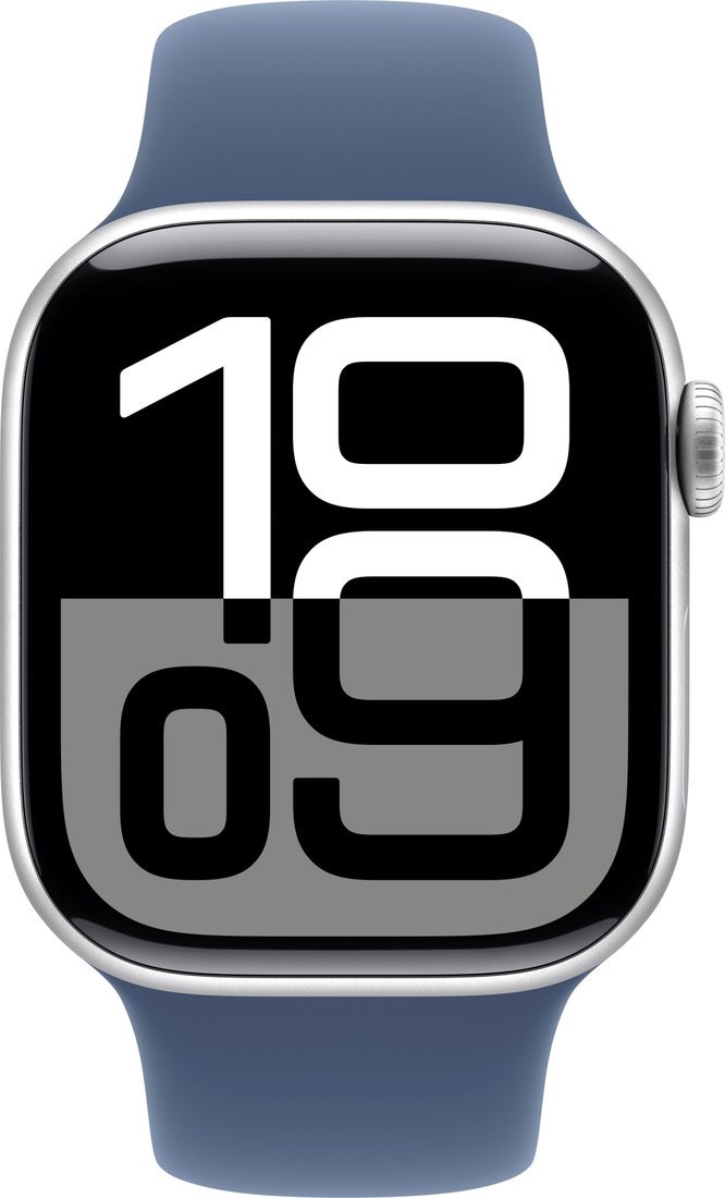 Умные часы Apple Watch Series 10 42 мм (алюминиевый корпус, серебристый/синий, спортивный силиконовый ремешок S/M)
