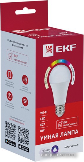 Светодиодная лампочка EKF Connect 8W WIFI RGBW E27