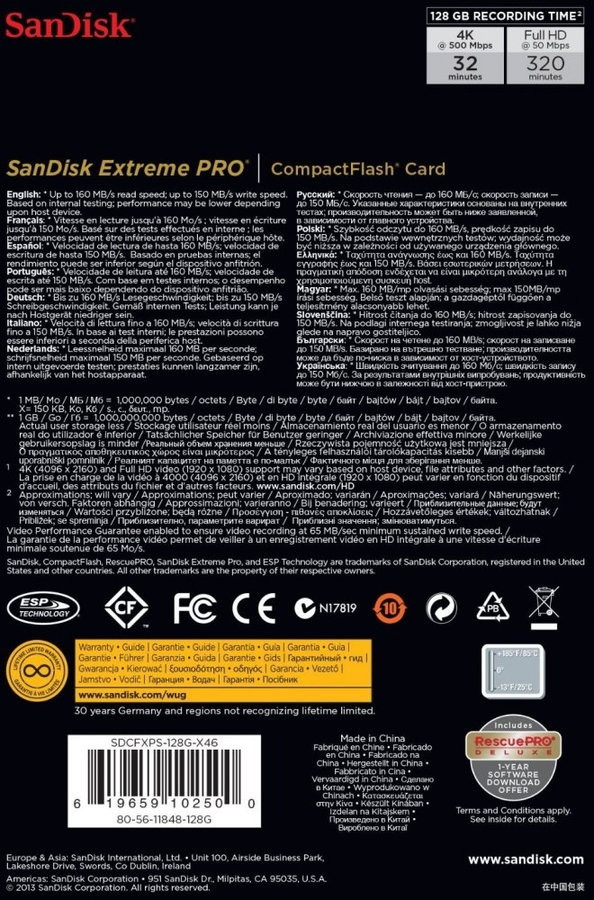 Карта памяти SanDisk Extreme Pro CompactFlash 128GB [SDCFXPS-128G-X46]