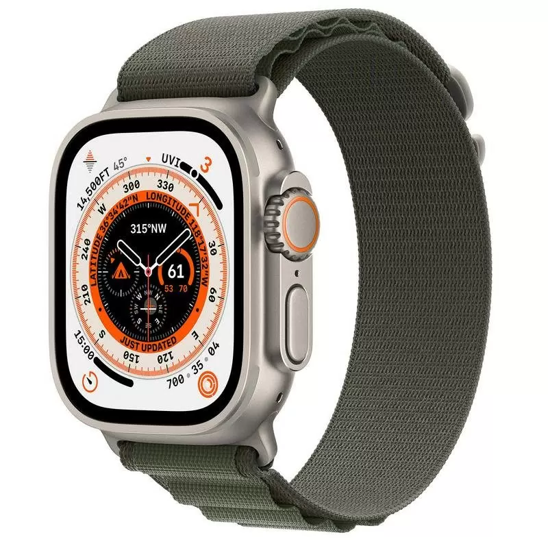 Профессиональные умные часы Apple Watch Ultra LTE 49 мм (титановый корпус, титановый/темно-зеленый, текстильный ремешок размера L)