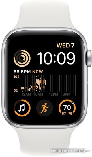 Умные часы Apple Watch SE 2 44 мм (алюминиевый корпус, серебристый/белый, спортивный силиконовый ремешок M/L)