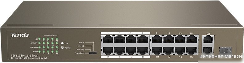 Неуправляемый коммутатор Tenda TEF1118P-16-150W