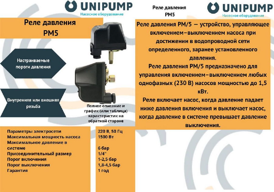 Датчик давления Unipump РМ/5 с вращающейся гайкой 10988