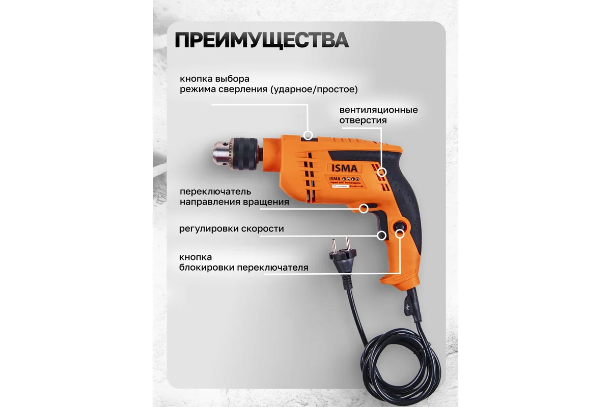 Безударная дрель ISMA 1095 (набор оснастки)