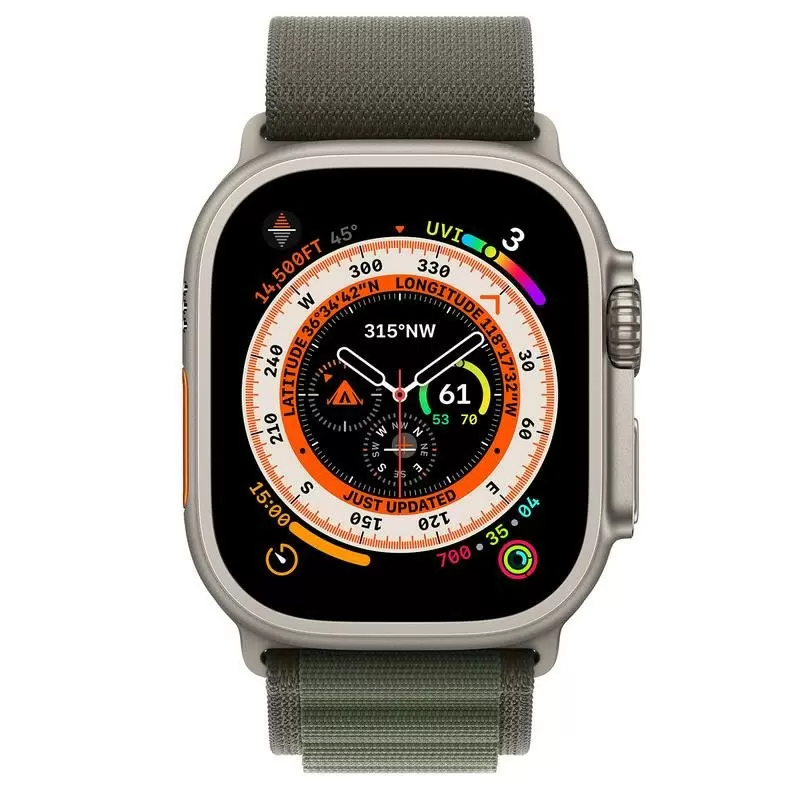 Профессиональные умные часы Apple Watch Ultra LTE 49 мм (титановый корпус, титановый/темно-зеленый, текстильный ремешок размера L)
