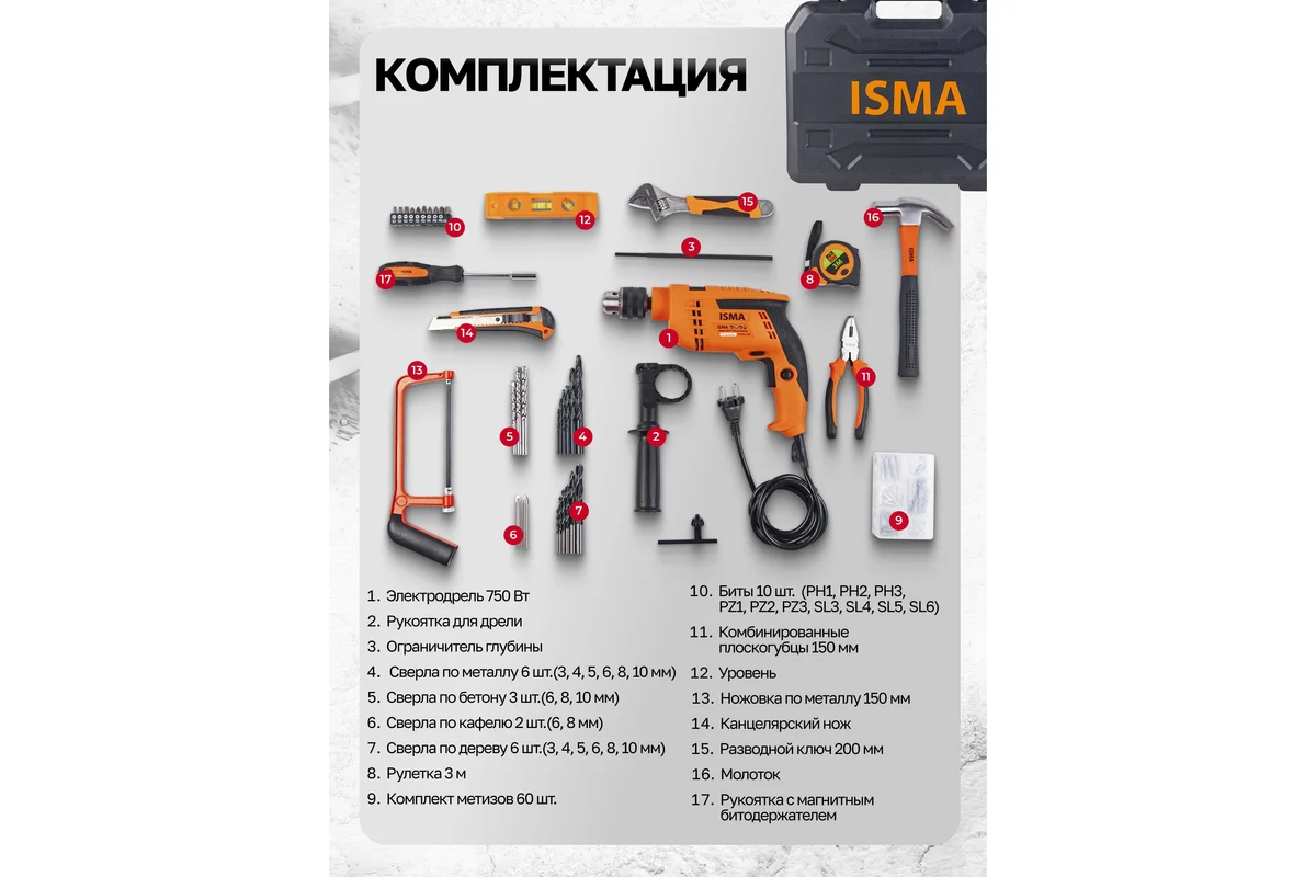 Безударная дрель ISMA 1095 (набор оснастки)