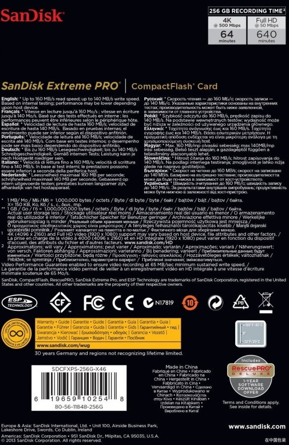 Карта памяти SanDisk Extreme Pro CompactFlash 256GB [SDCFXPS-256G-X46]
