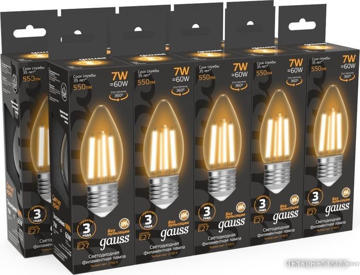 Светодиодная лампочка Gauss Filament Свеча 7W 550lm 2700К Е27 LED 1/10/50 103802107