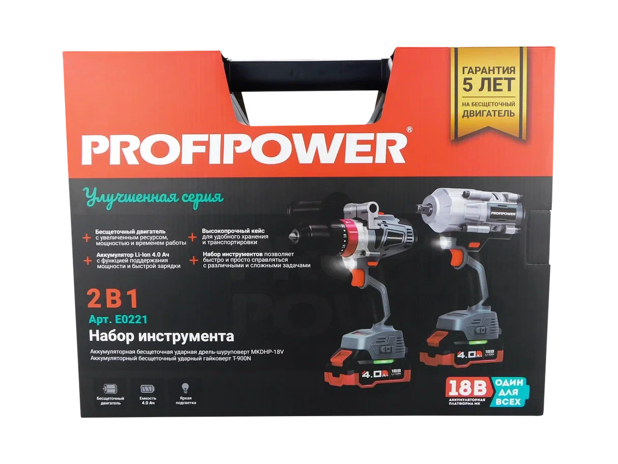 Набор электроинструмента Profipower ProfiSet-2С18 E0221 (шуруповерт, гайковерт, 2 АКБ, кейс)