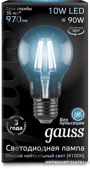 Светодиодная лампа Gauss Filament A60 E27 10 Вт 4100 К 102802210