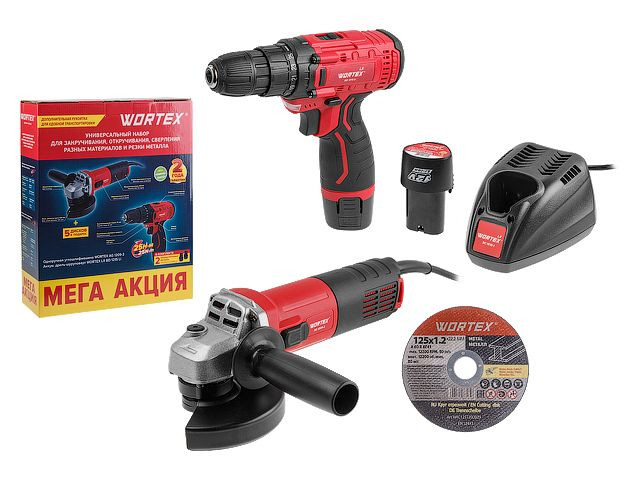 Wortex 1329386 (болгарка, шуруповерт, 2 АКБ)
