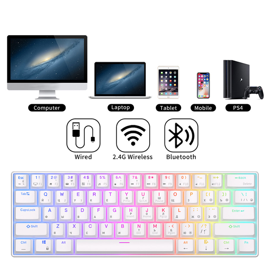 Беспроводная клавиатура Royal Kludge RK61 RGB (белый, RK Red)