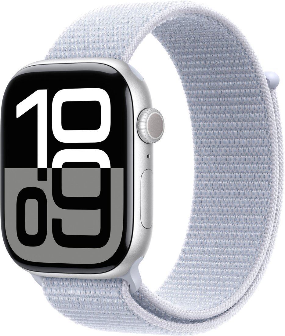 Apple Watch Series 10 46 мм (алюминиевый корпус, серебристый/голубой, нейлоновый ремешок)