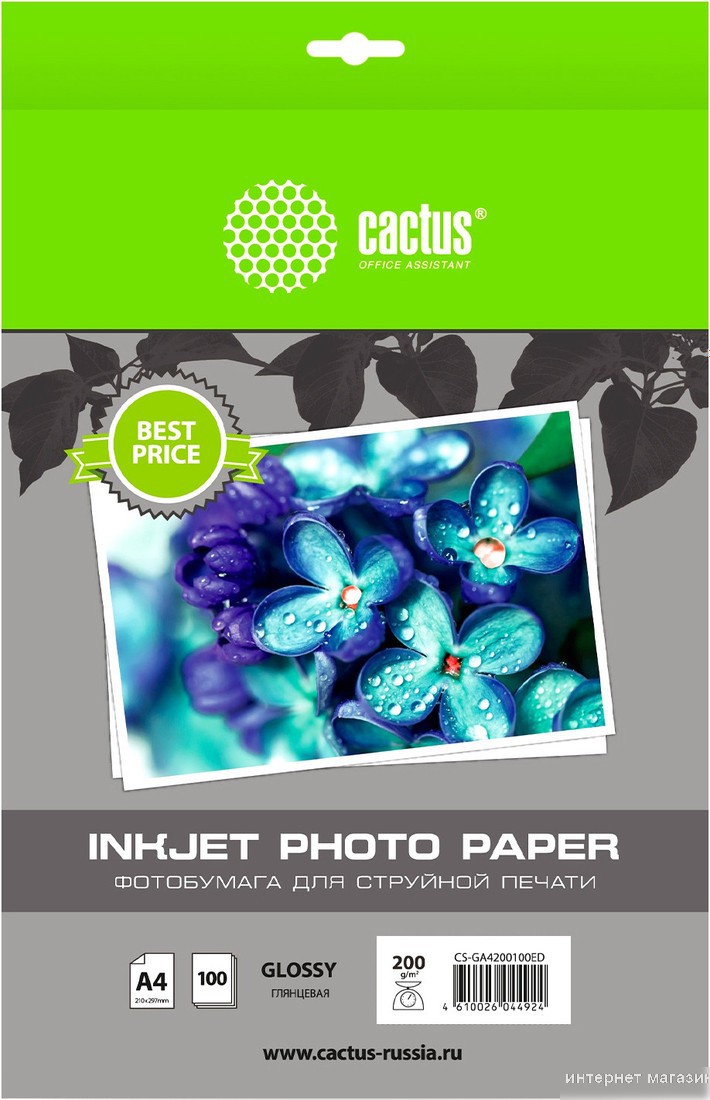 Фотобумага CACTUS Глянцевая A4 200 г/м2 100 листов CS-GA4200100ED