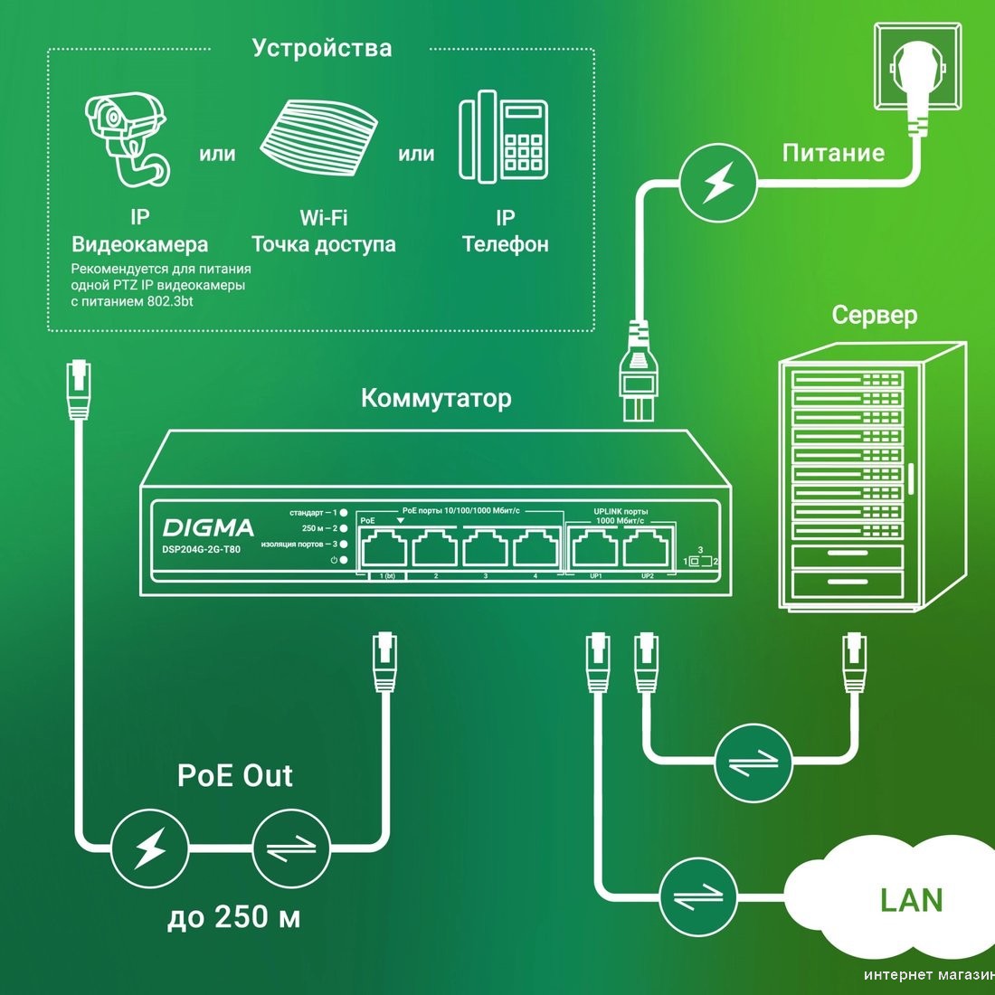 Неуправляемый коммутатор Digma DSP204G-2G-T80