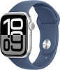 Умные часы Apple Watch Series 10 42 мм (алюминиевый корпус, серебристый/синий, спортивный силиконовый ремешок S/M)